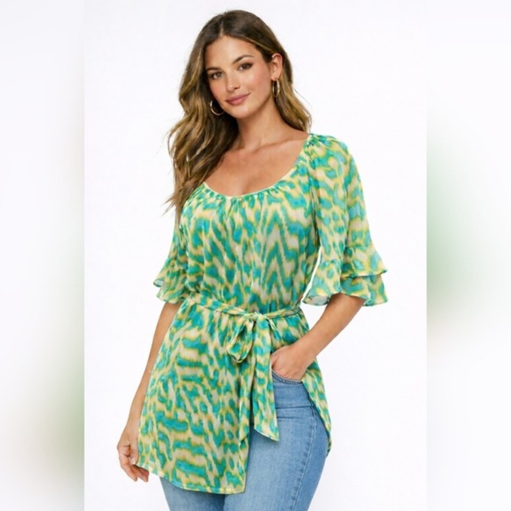 Forever 21 Blouse Curved Neckline Chiffon Green Blue Boho Y2K - Size M